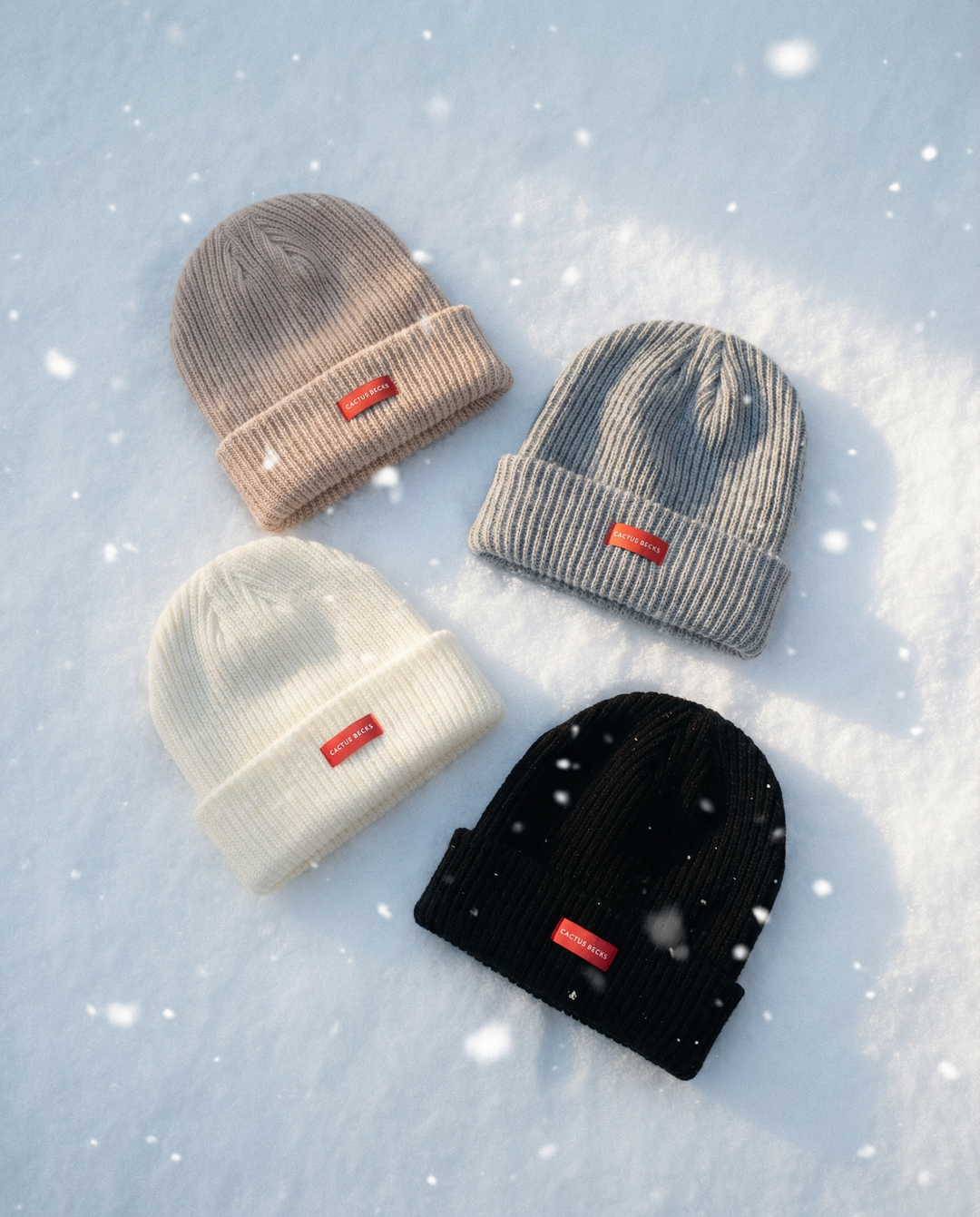 Cactus Becks cable knit beanies in beige, grey, off-white and black