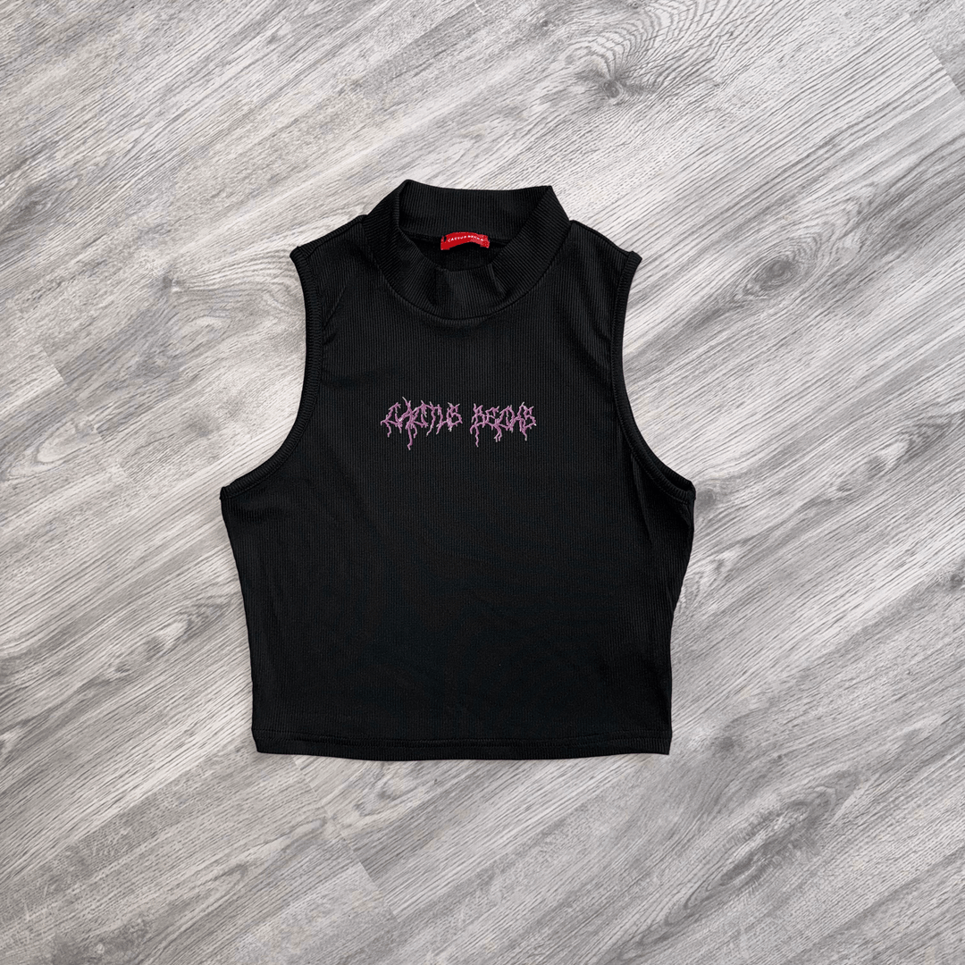 Blossom Ribbed Crop Top, black sleeveless high-neck slim fit, premium ribbed fabric with white Cactus Becks logo.