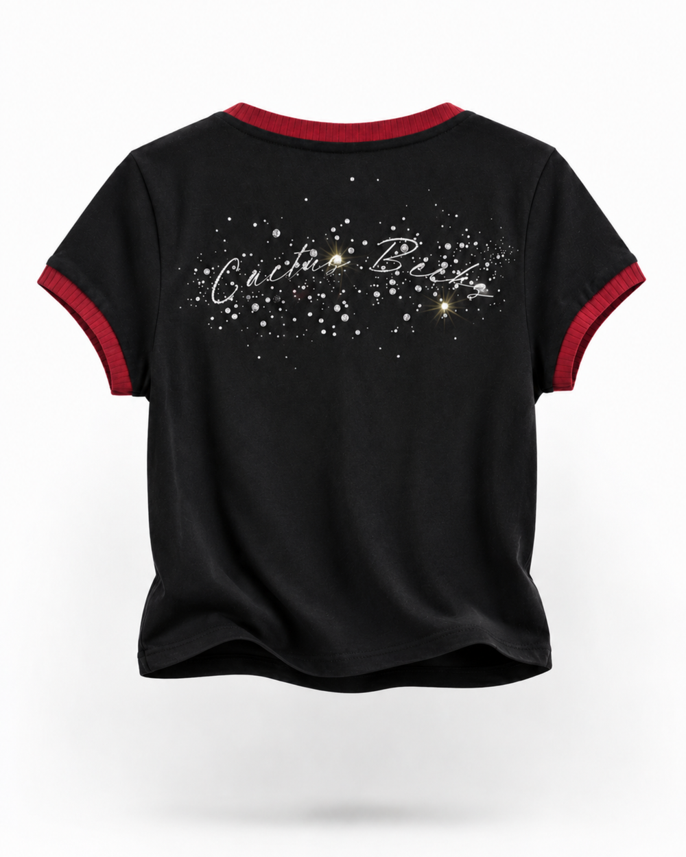 Black t-shirt with red trim featuring a decorative text design on a white background