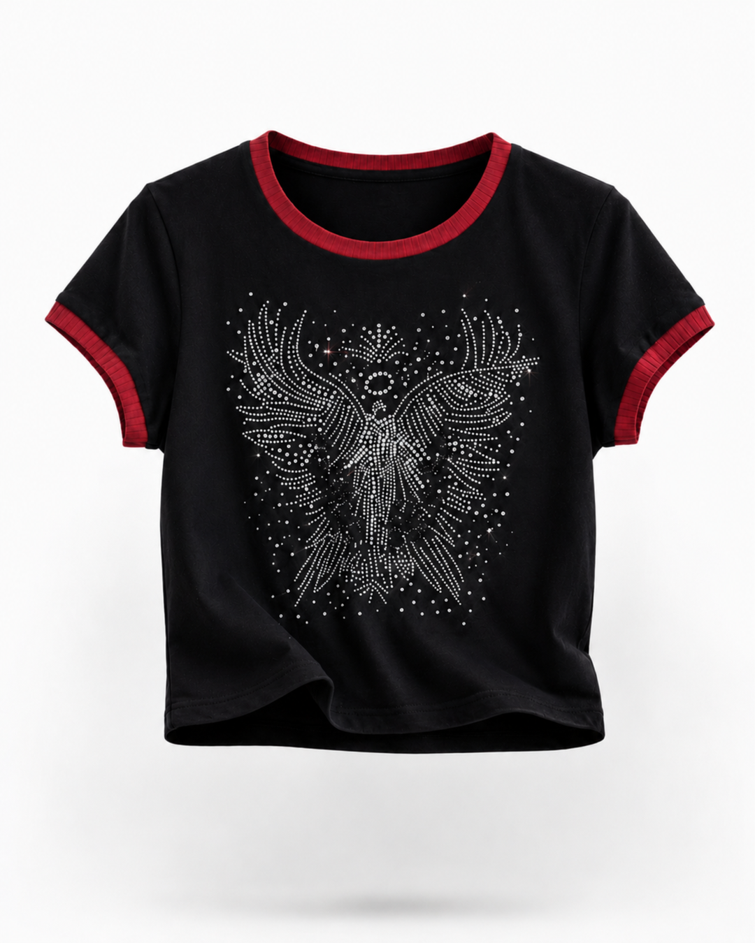 Black t-shirt with red trim featuring a decorative design on a white background