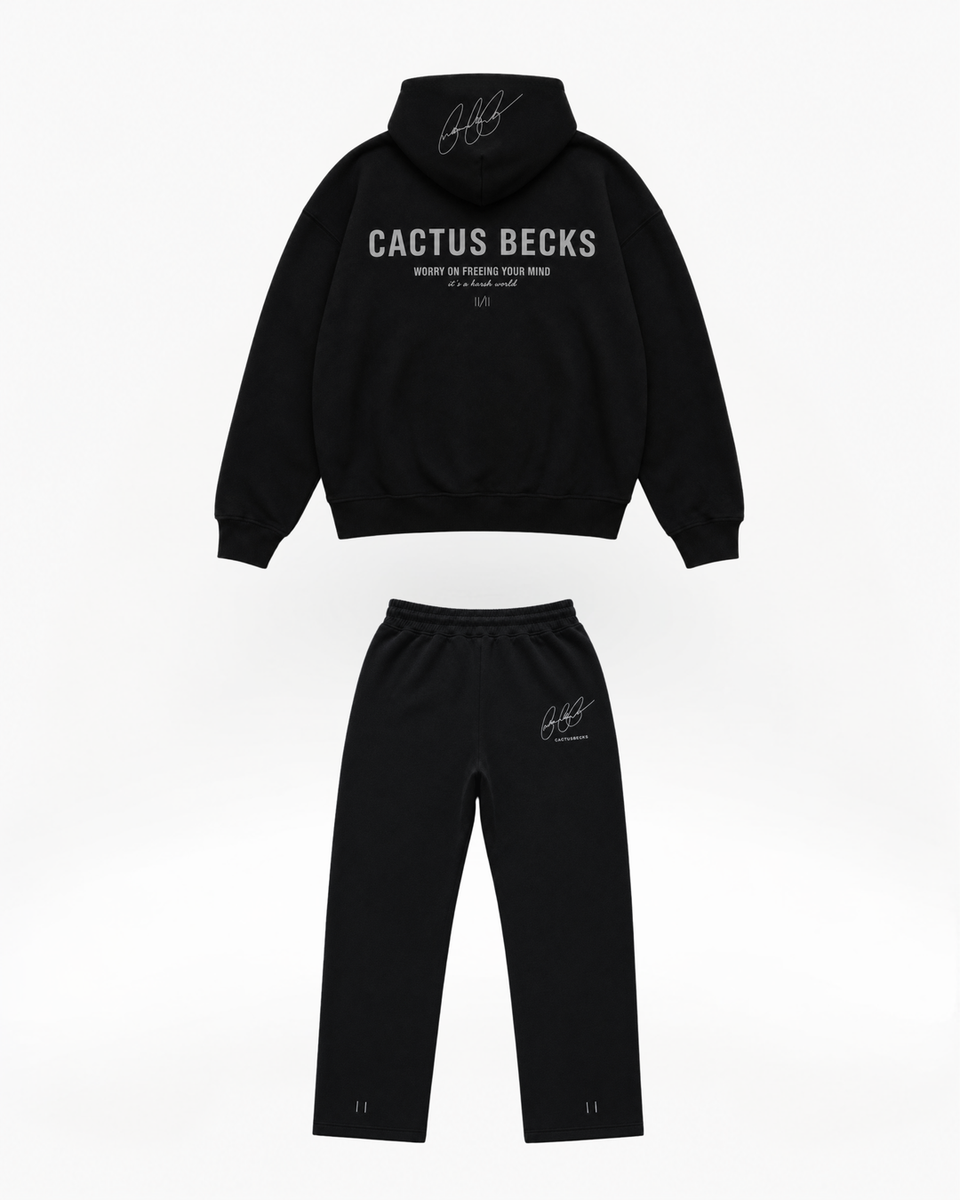 Black hoodie and pants set with 'Cactus Becks' branding on a white background