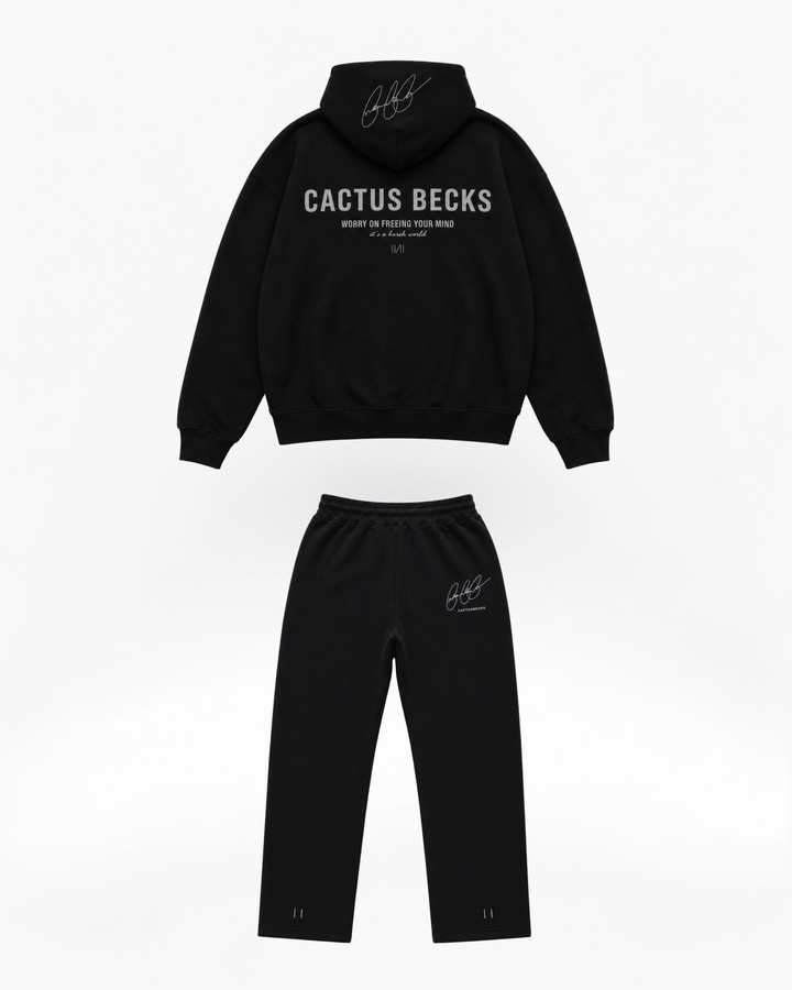 Black hoodie and pants set with 'Cactus Becks' branding on a white background