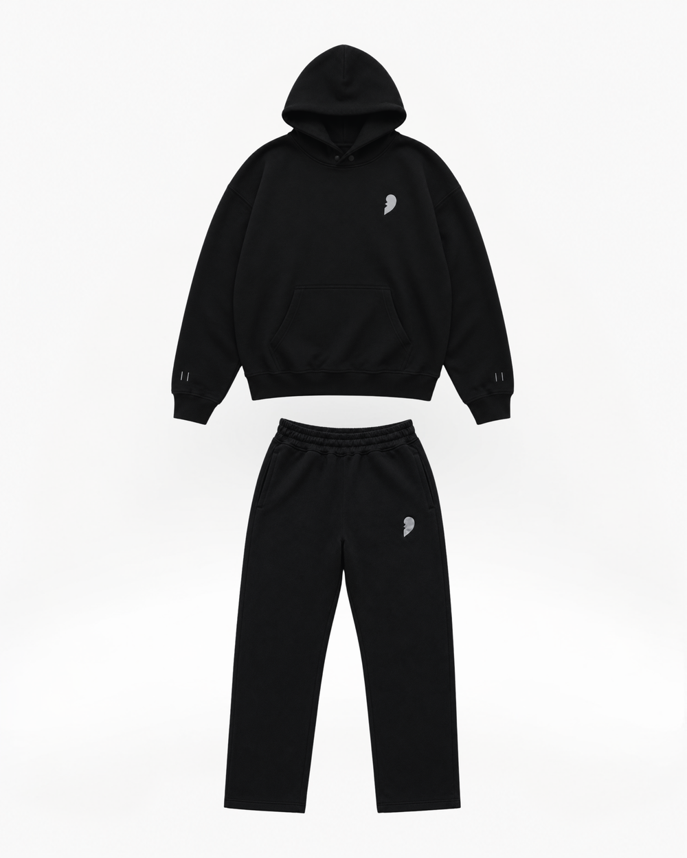 Black hoodie and pants by Cactus Becks set with a broken heart small logo on a white background