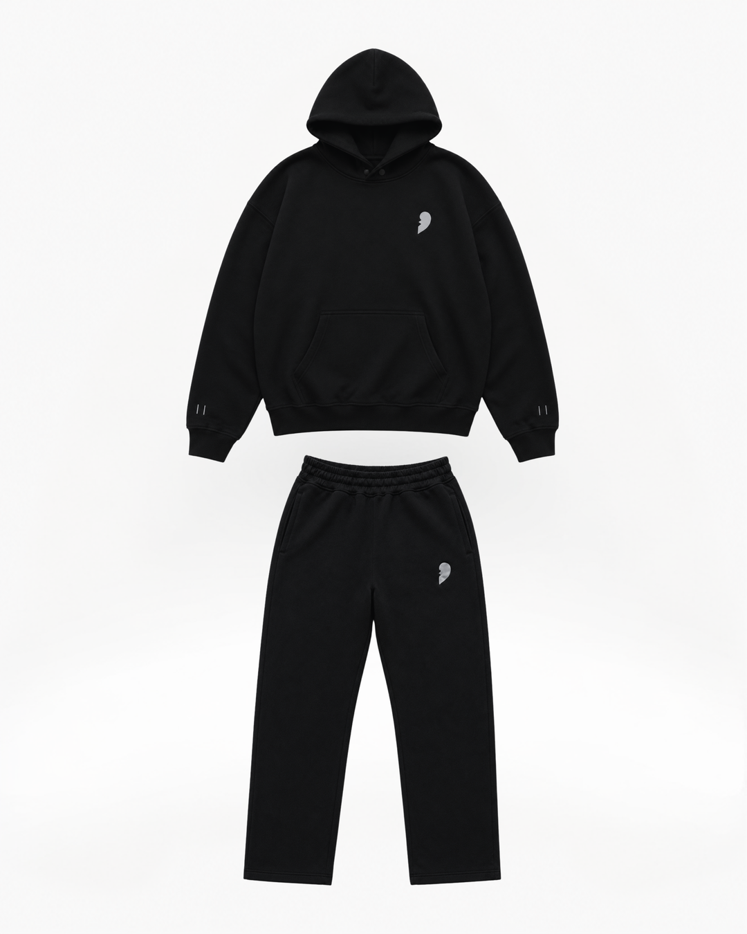 Black hoodie and pants by Cactus Becks set with a broken heart small logo on a white background