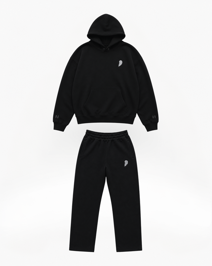 Black hoodie and pants by Cactus Becks set with a broken heart small logo on a white background