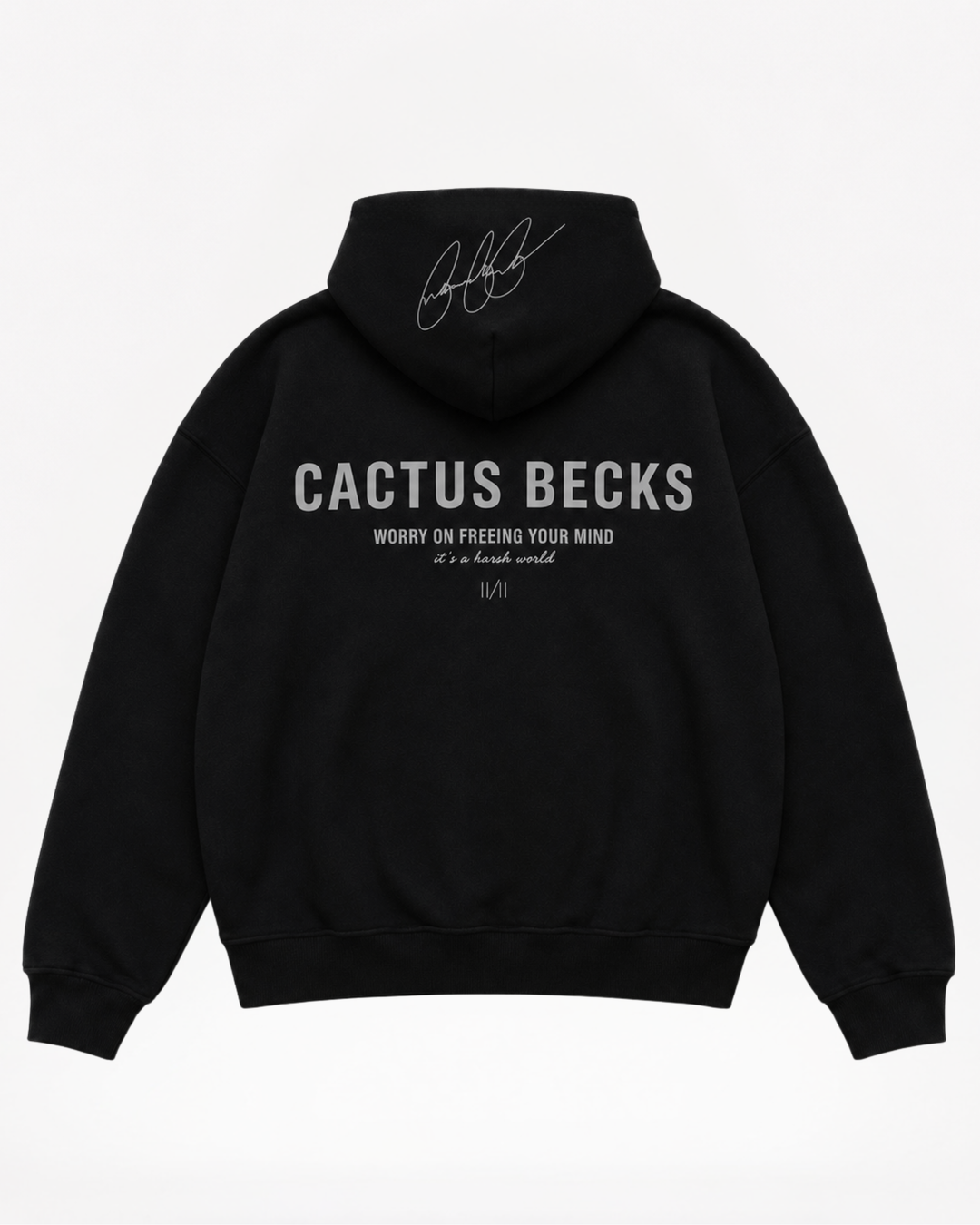Black hoodie with 'Cactus Becks' branding on a white background