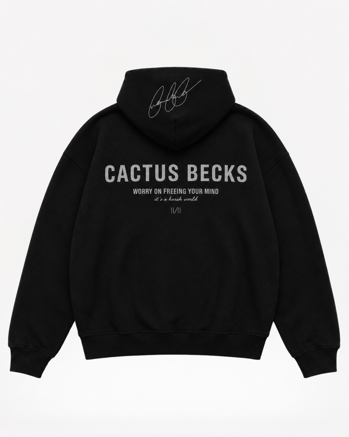 Black hoodie with 'Cactus Becks' branding on a white background