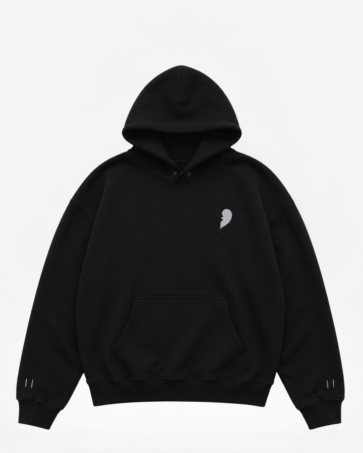 Black hoodie by Cactus Becks with a broken heart