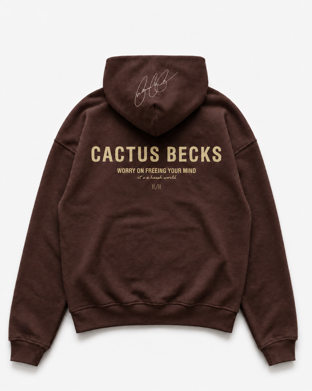 Brown hoodie with 'Cactus Becks' branding on a white background