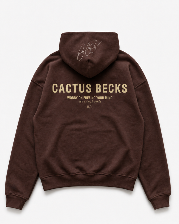 Brown hoodie with 'Cactus Becks' branding on a white background