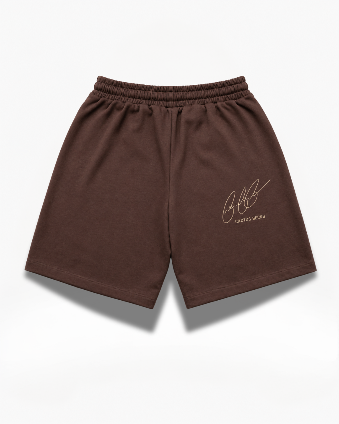 Brown Cactus Becks shorts with the Cactus Becks signature logo on a white background