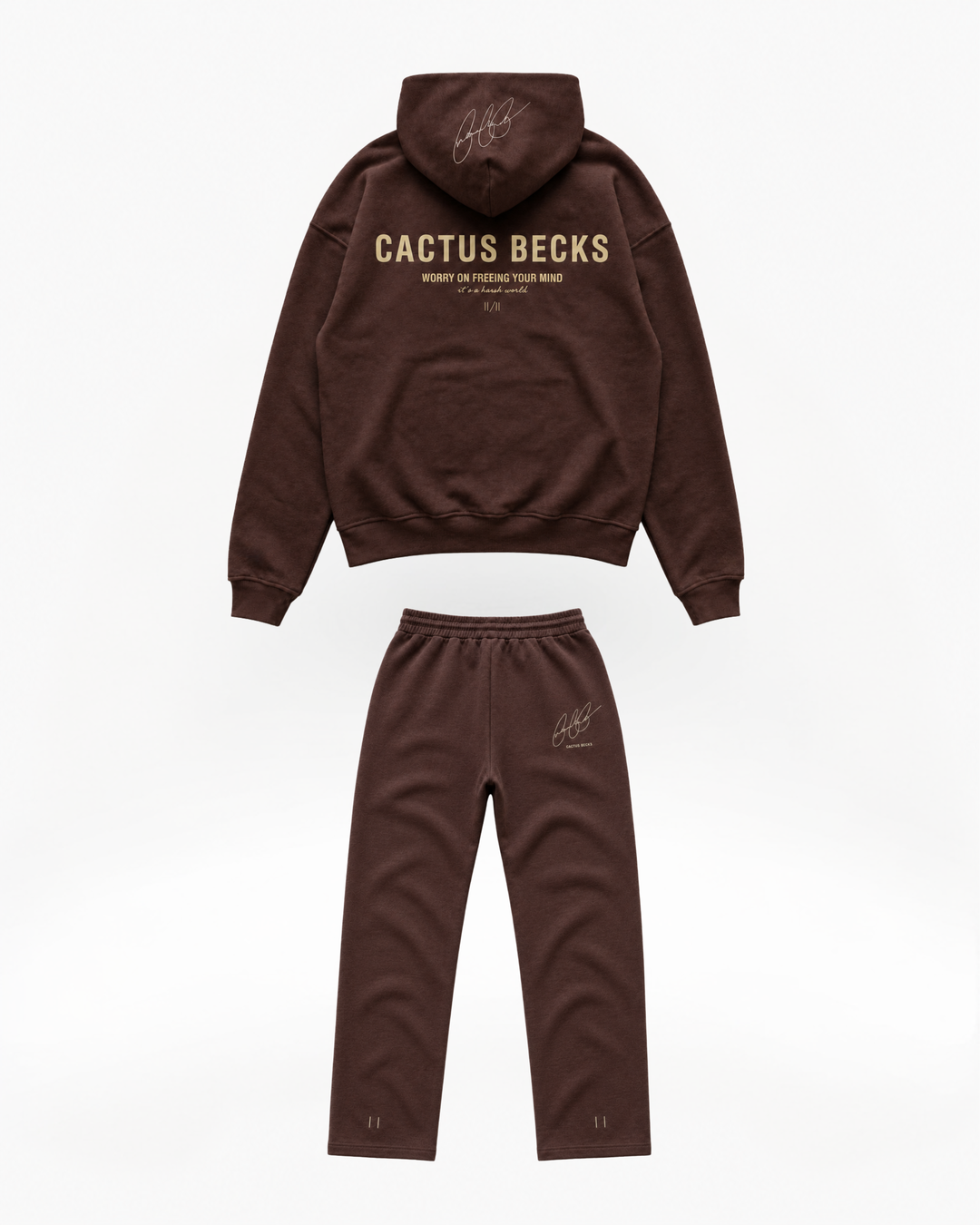 Brown hoodie and pants set with 'Cactus Becks' branding on a white background