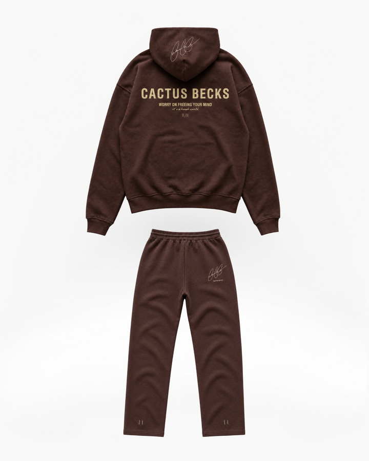 Brown hoodie and pants set with 'Cactus Becks' branding on a white background
