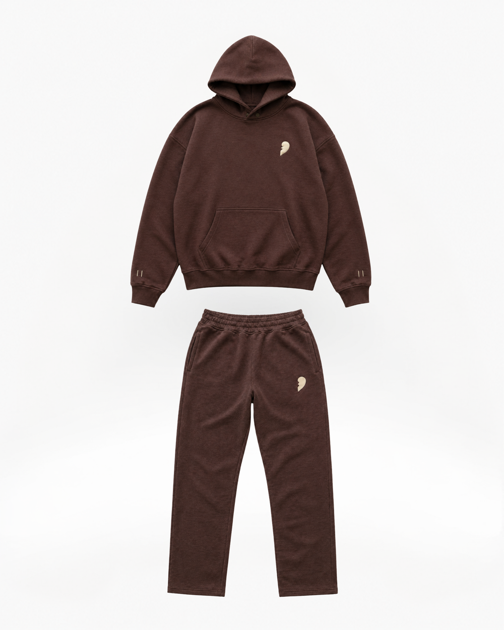 Brown hoodie and pants set with a broken heart , 'Cactus Becks' branding on a white background
