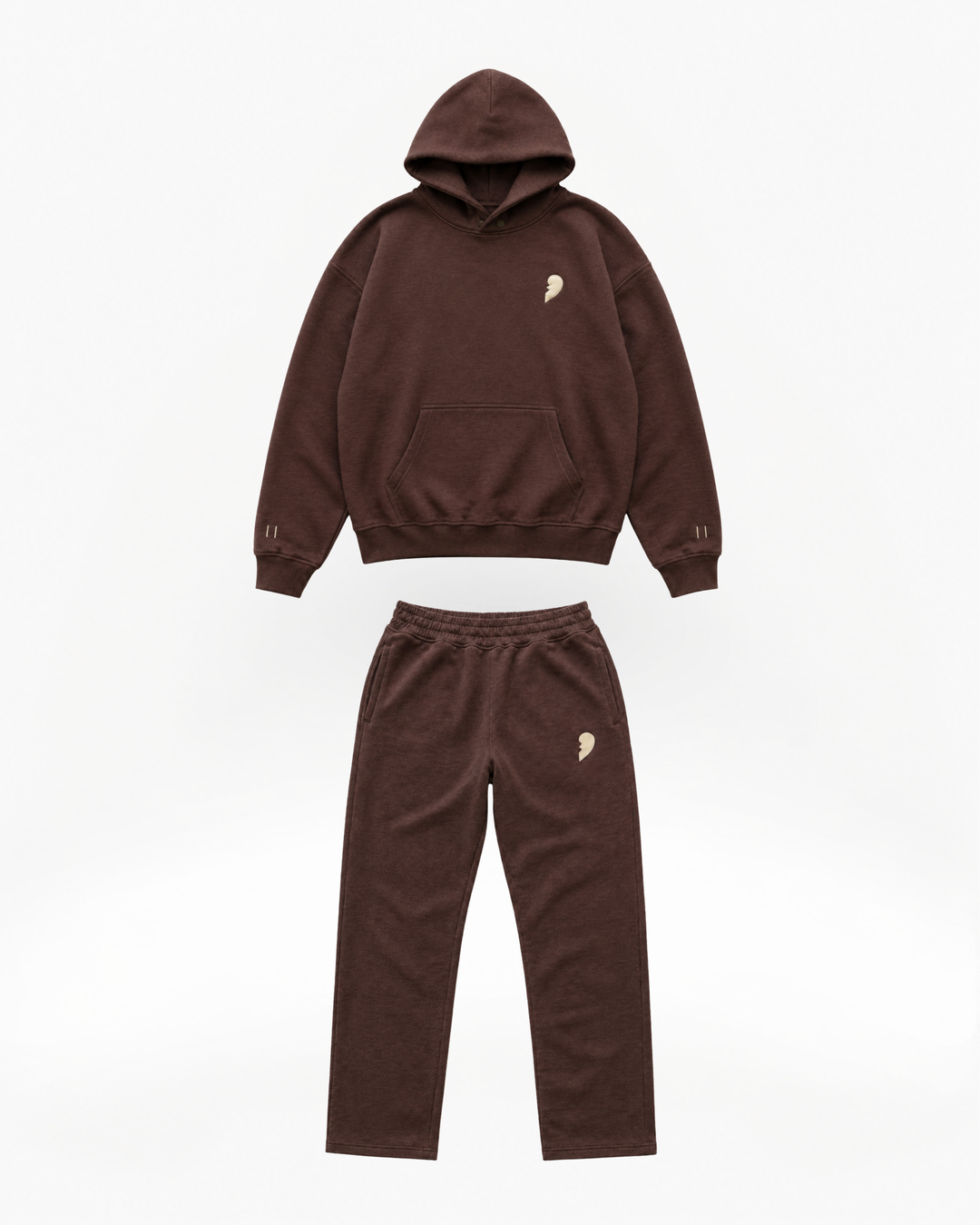 Brown hoodie and pants set with a broken heart , 'Cactus Becks' branding on a white background