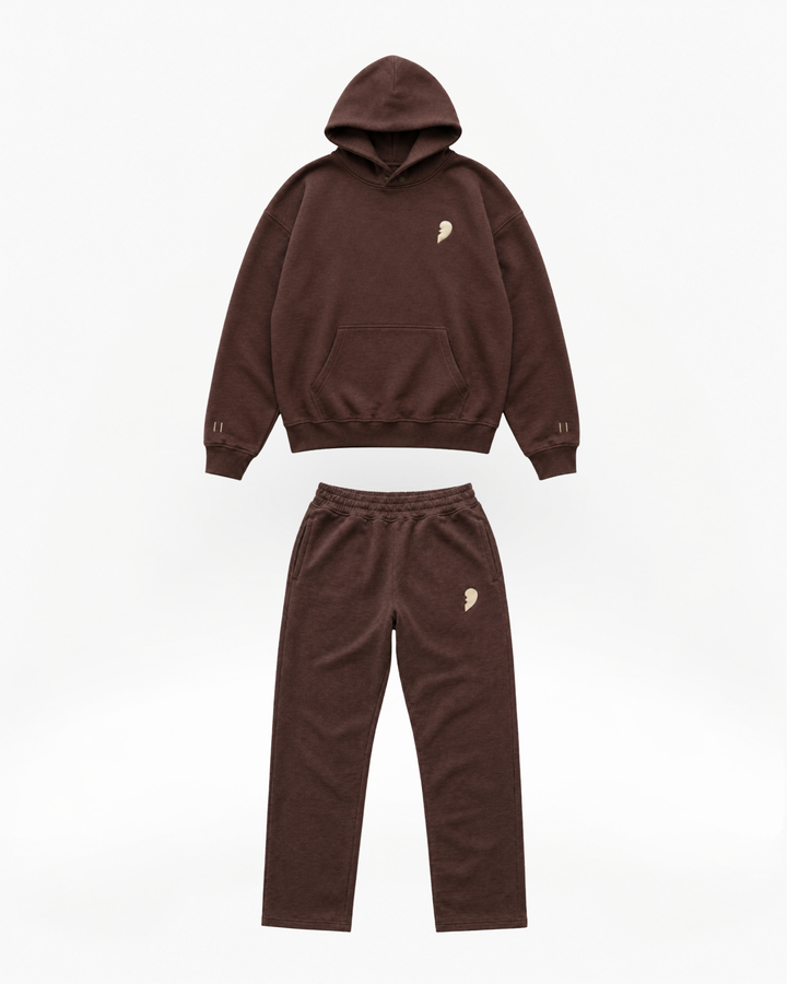Brown hoodie and pants set with a broken heart , 'Cactus Becks' branding on a white background