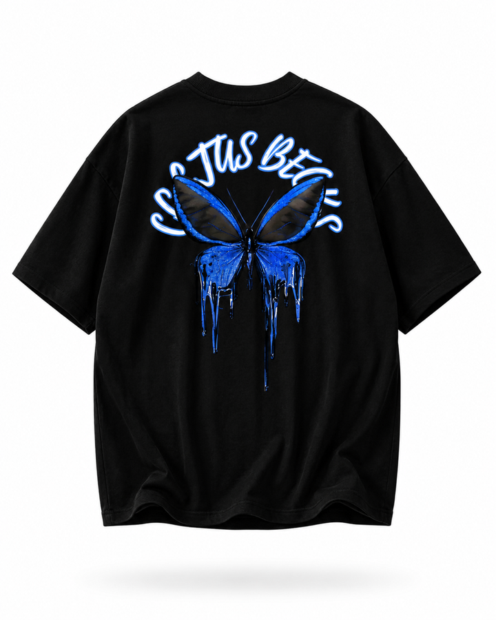 Black t-shirt with blue butterfly design and text on the back against a white background