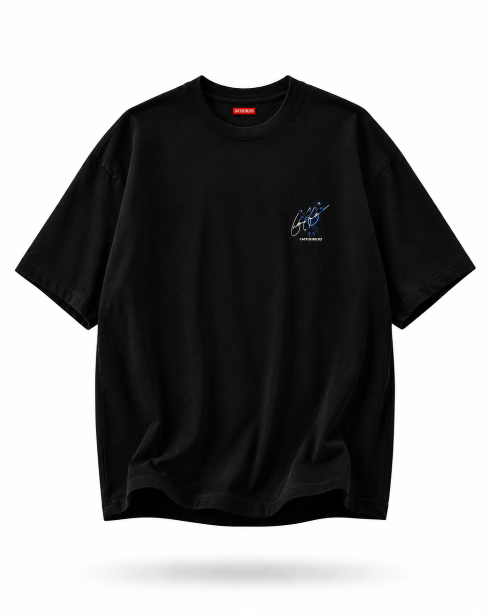 Black t-shirt with a small logo on a white background
