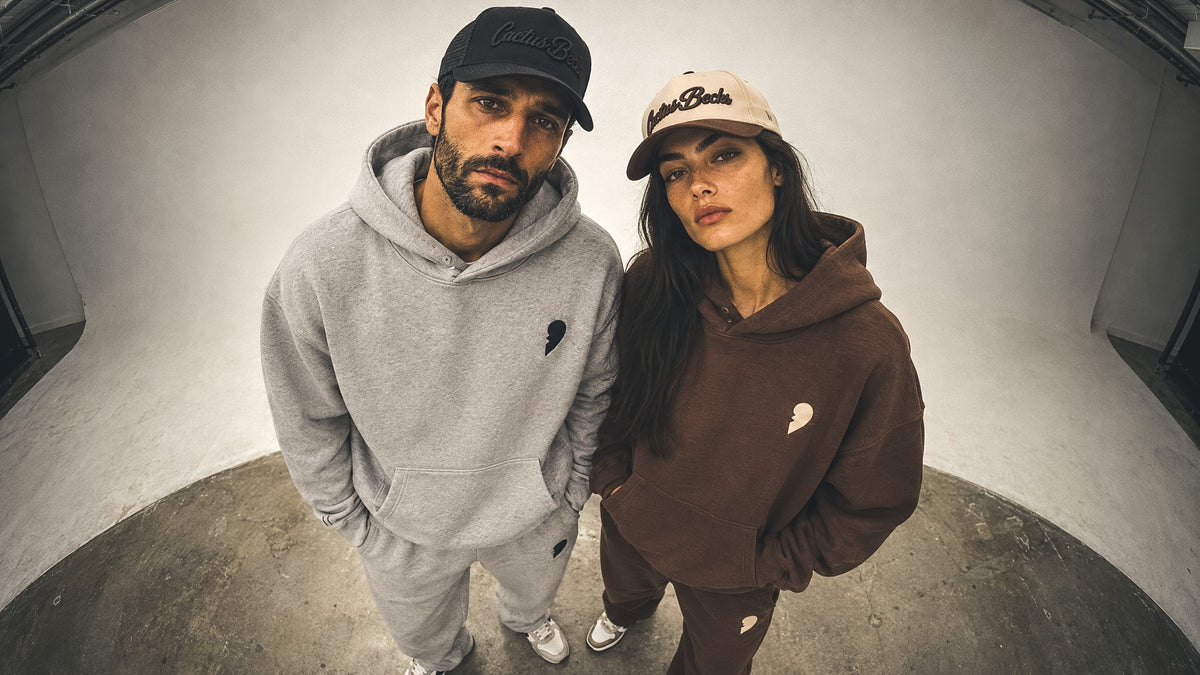 Cactus Becks grey and brown 11/11 tracksuits with black and beige caps