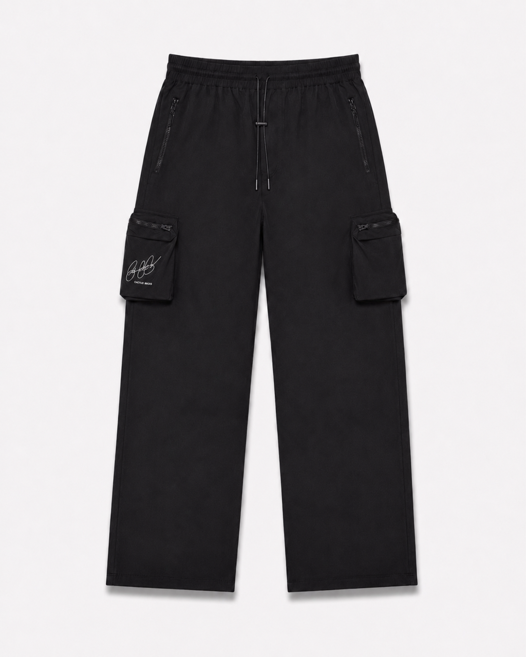 Black cargo pants by Cactus Becks on a white background