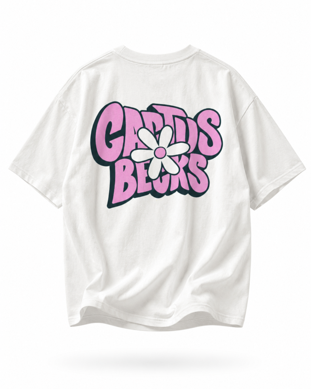 White t-shirt with pink 'Cactus Becks' text and a daisy flower graphic on a white background