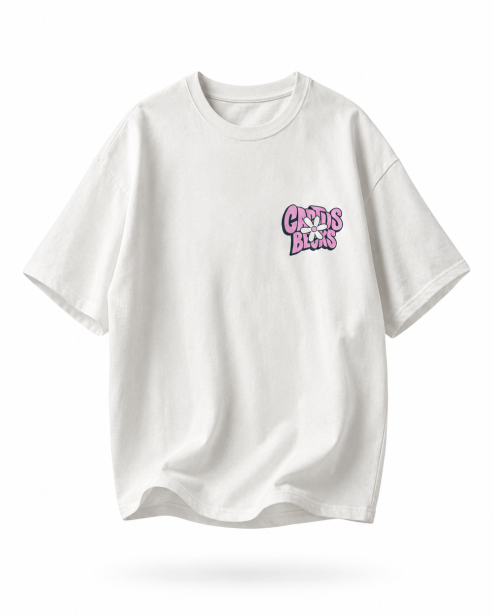 White t-shirt with pink 'Cactus Becks' text and a daisy flower graphic on a white background