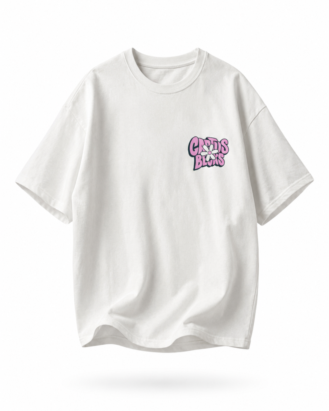 White t-shirt with pink 'Cactus Becks' text and a daisy flower graphic on a white background