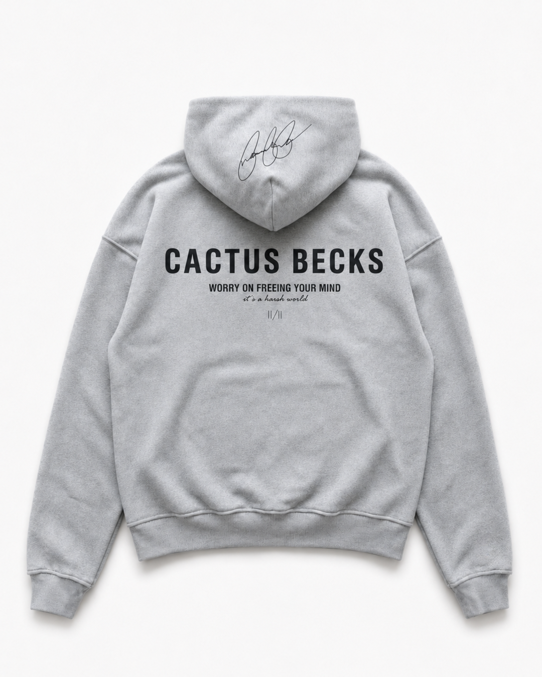 Gray hoodie with 'Cactus Becks' text on the back against a white background