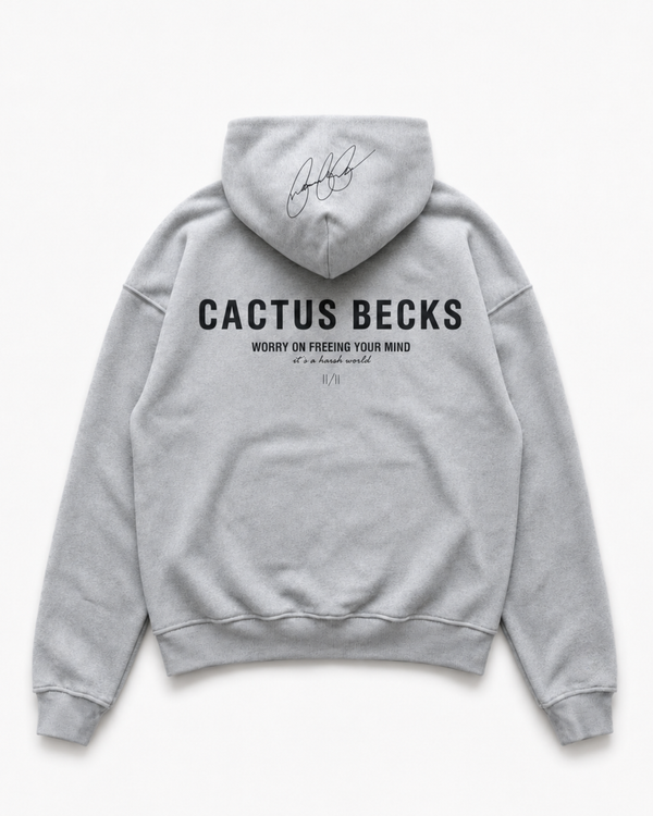 Gray hoodie with 'Cactus Becks' text on the back against a white background