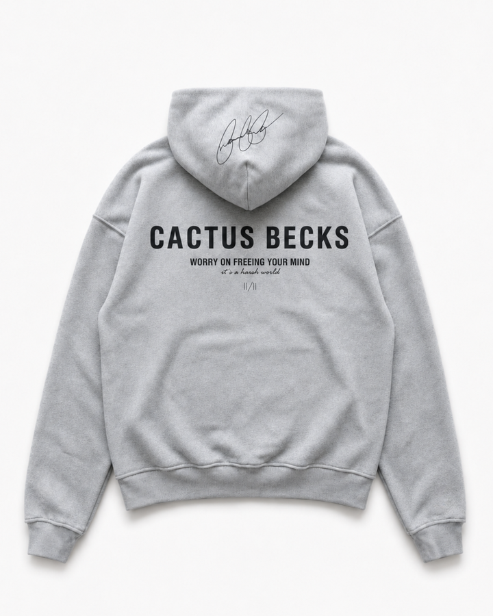Gray hoodie with 'Cactus Becks' text on the back against a white background