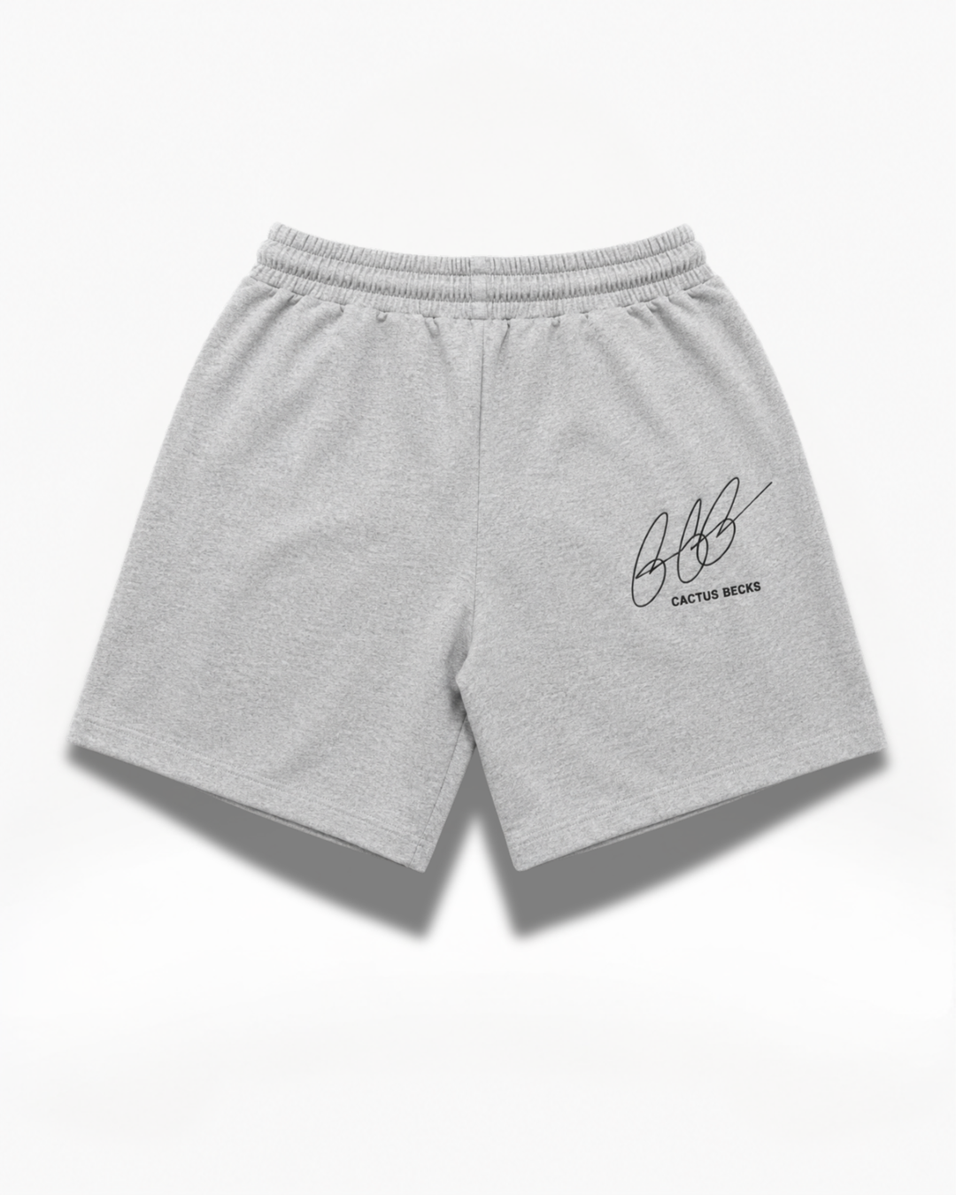 Gray Cactus Becks shorts with the Cactus Becks signature logo on a white background