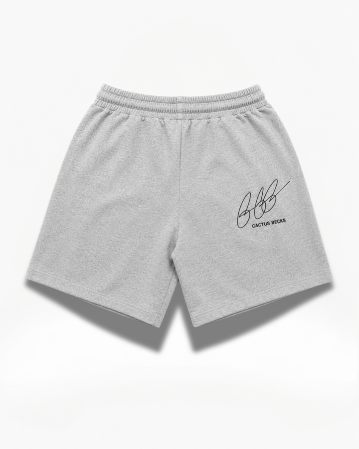 Gray Cactus Becks shorts with the Cactus Becks signature logo on a white background