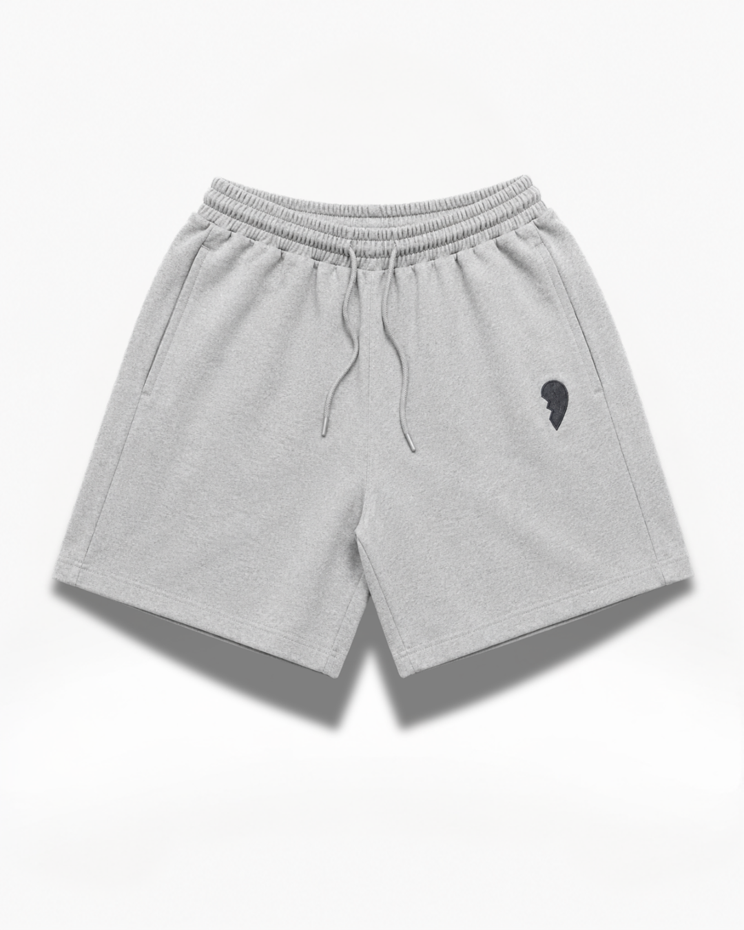 Gray Cactus Becks shorts with a small black broken hart logo on a white background