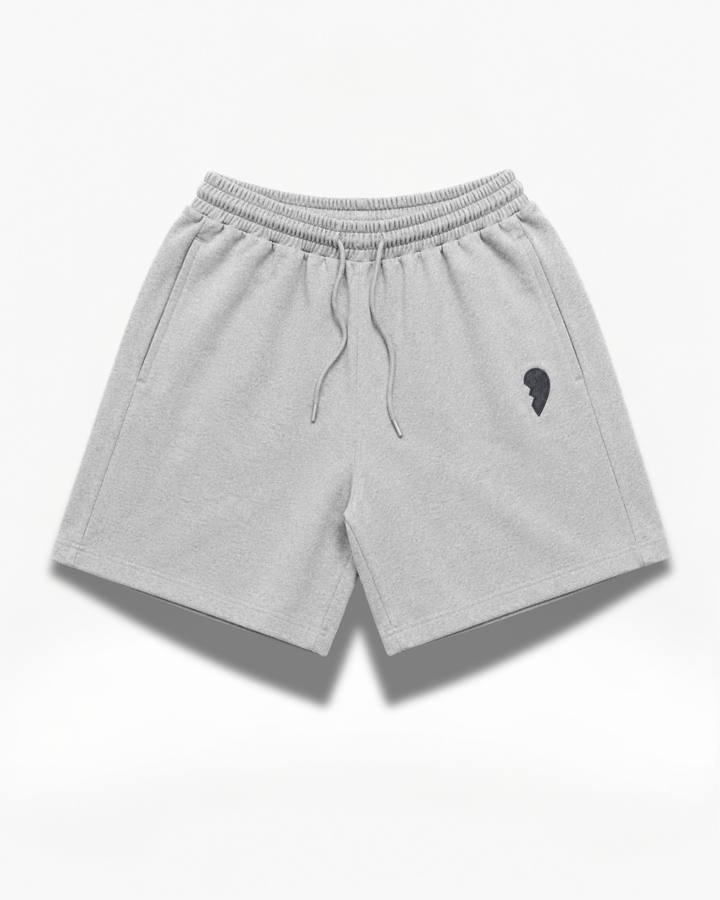 Gray Cactus Becks shorts with a small black broken hart logo on a white background