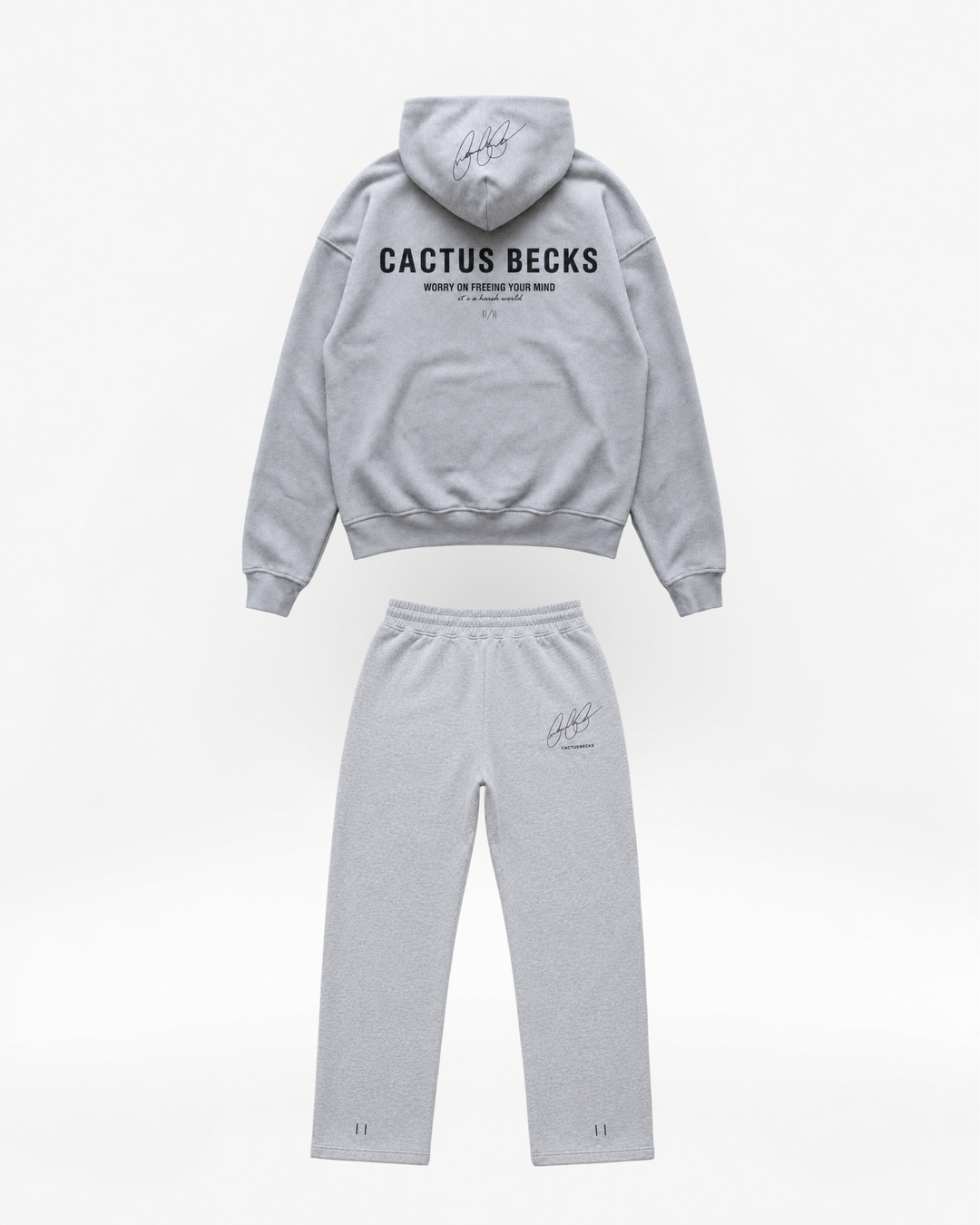 Gray hoodie and pants set with 'Cactus Becks' branding on a white background