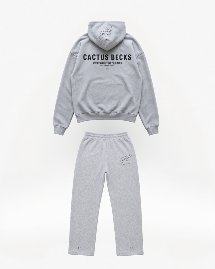 Gray hoodie and pants set with 'Cactus Becks' branding on a white background