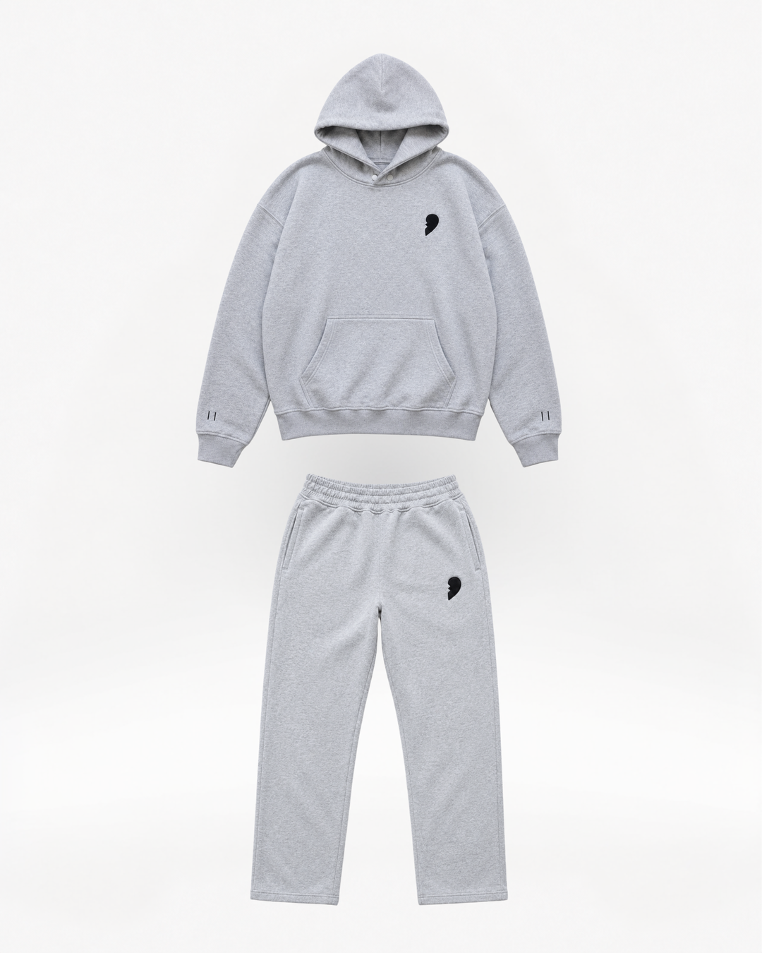 Gray hoodie and pants set with a broken heart , 'Cactus Becks' branding on a white background