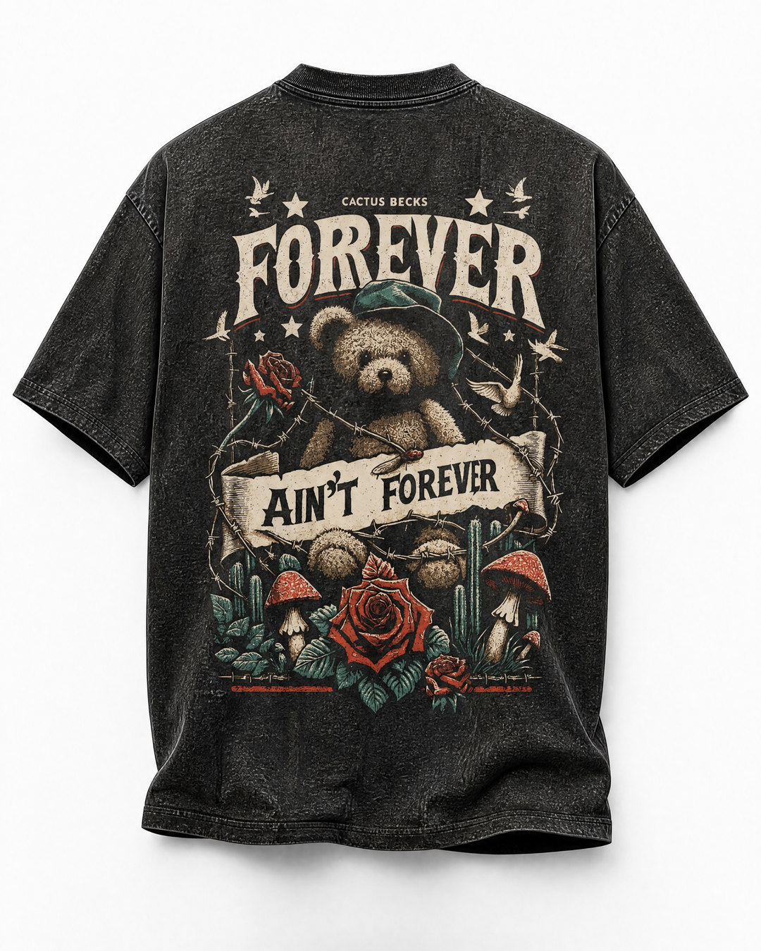 Black t-shirt with a graphic design featuring a teddy bear, roses, and text on a white background