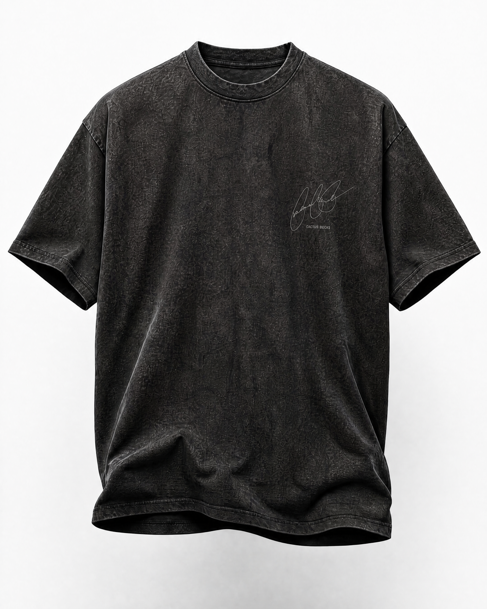 Black t-shirt with a small logo on the chest against a white background
