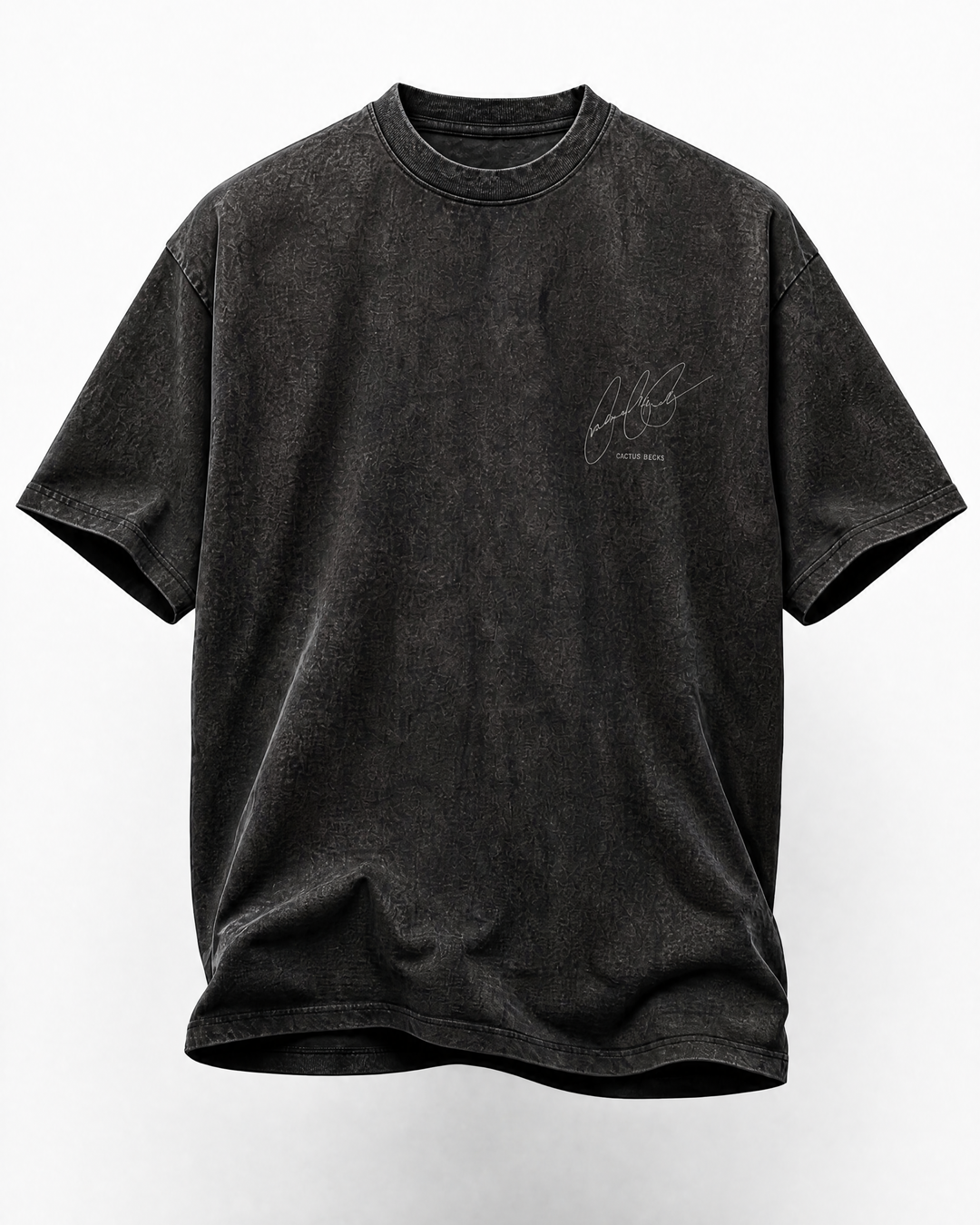 Black t-shirt with a small logo on the chest against a white background