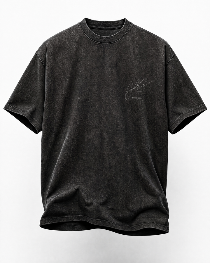 Black t-shirt with a small logo on the chest against a white background