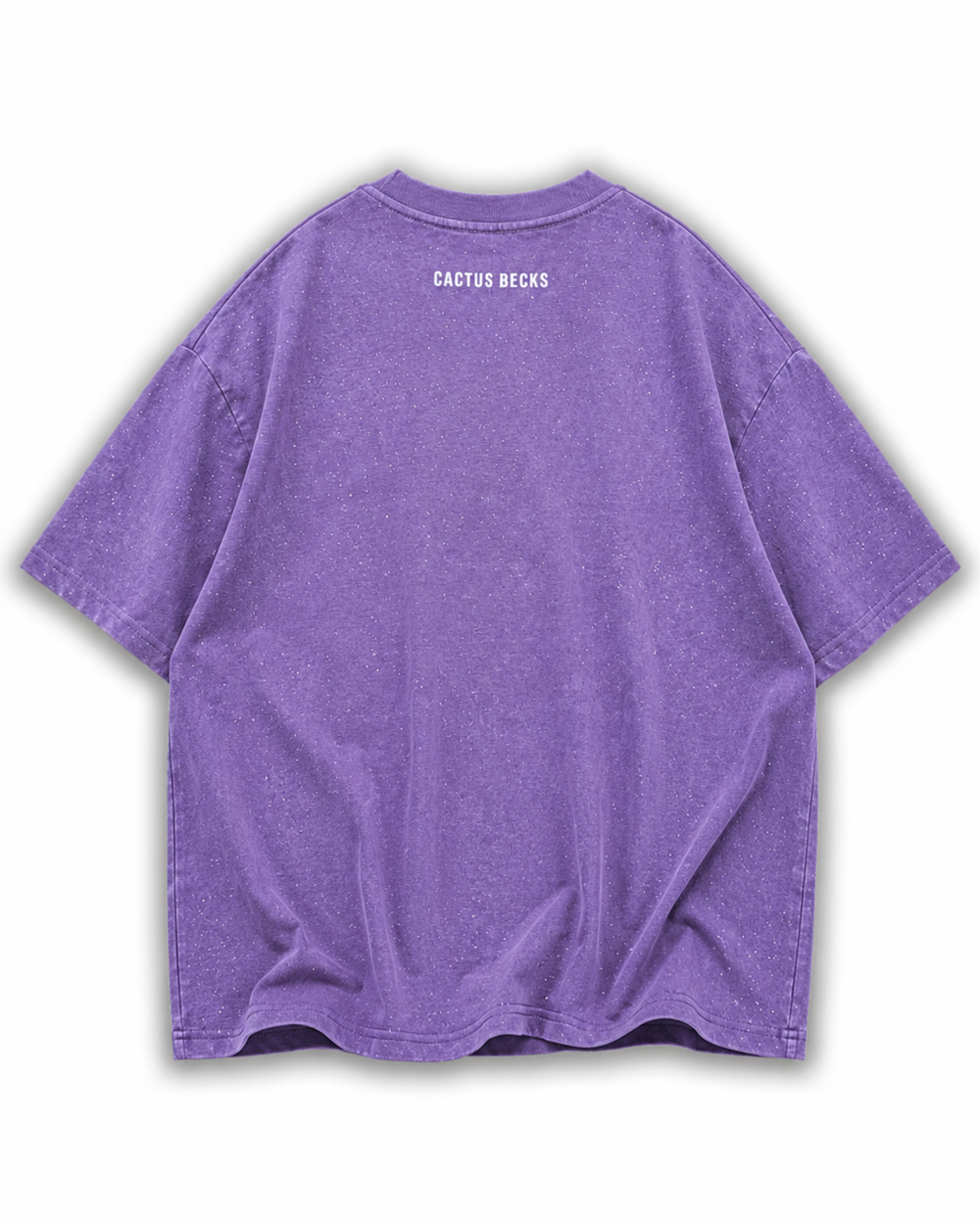 Purple t-shirt with glitter dots and a small Cactus Becks logo on a white background