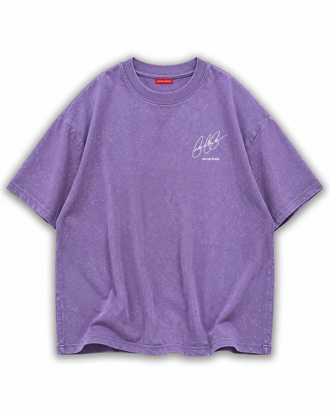 Purple t-shirt with glitter dots and a small Cactus Becks logo on a white background
