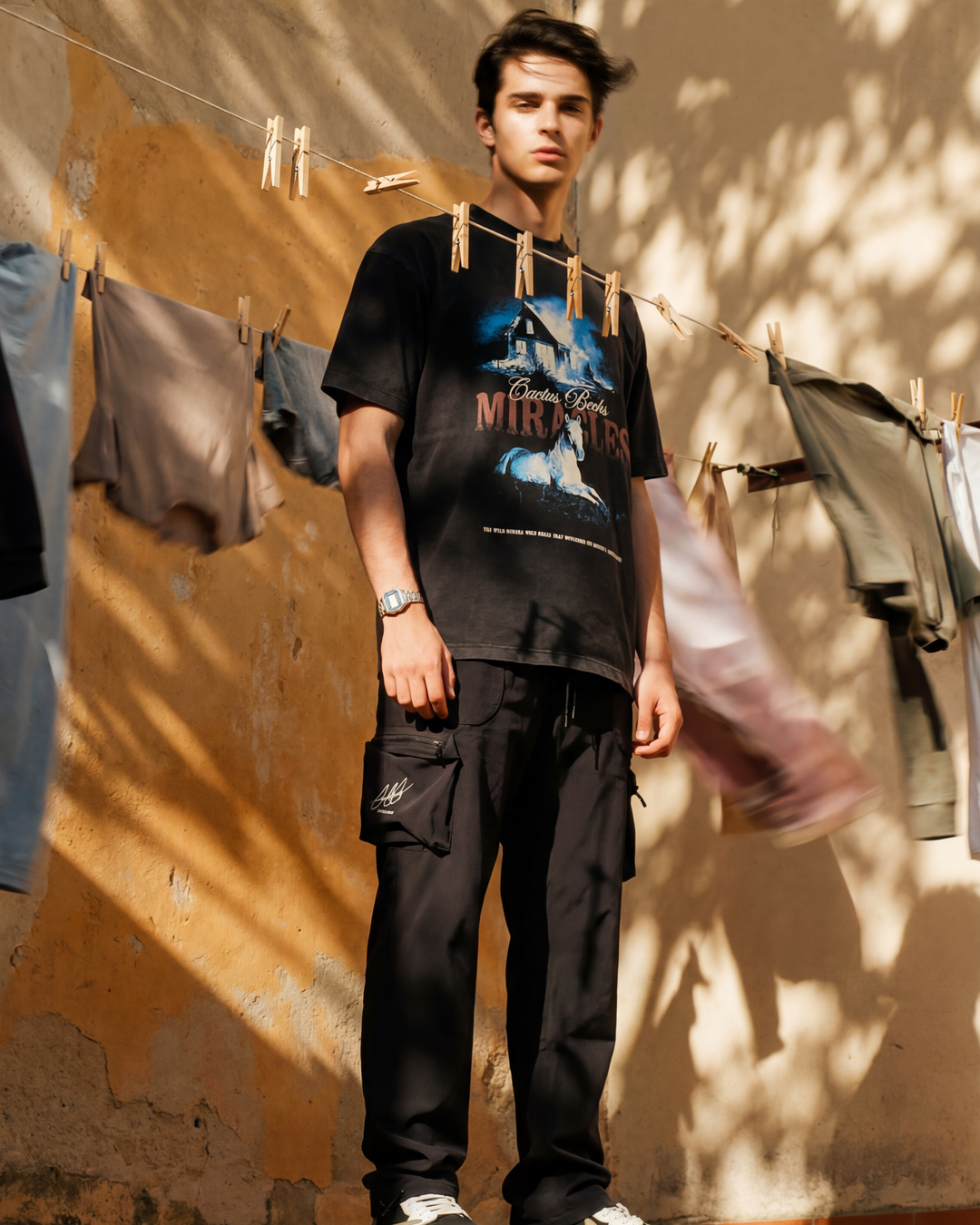 Male model wearing the Miracles T-Shirt by Cactus Becks. Together with the Cargo Pants by Cactus Becks. 