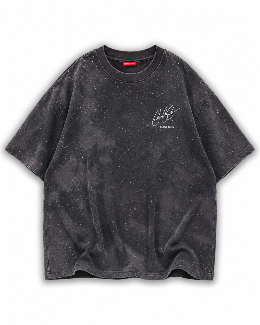 Black t-shirt with glitter dots and a small Cactus Becks logo on a white background