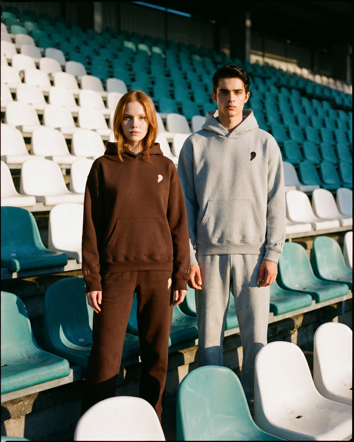 Two people wearing matching brown and gray hoodies and pants by Cactus Becks in an empty stadium.
